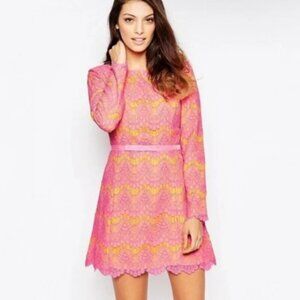 French Connection Vibrant Pink and Yellow Lace Dress